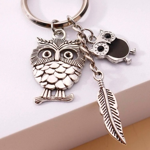 Cute Owl and Feather Charm Keychain Coulpe Rhinestone Silver Plated Gift - Picture 3 of 7